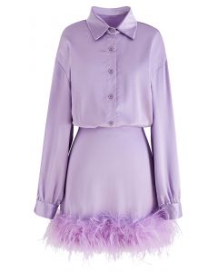 Ethereal Feather Long Sleeve Satin Dress in Purple