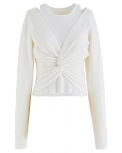 Twist Front Faux Two-Piece Knit Top in White