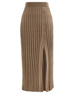 Buttoned Front Slit Rib Knit Skirt in Tan