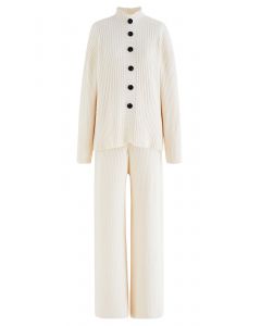 Mock Neck Buttoned Sweater and Straight Leg Knit Pants Set in Cream