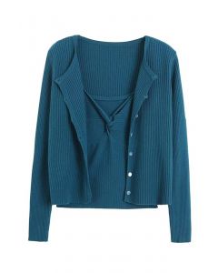 Twisted Front Ribbed Cami Top and Cardigan Set in Teal
