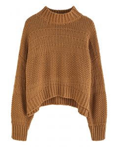 Mock Neck Hi-Lo Chunky Knit Sweater in Caramel