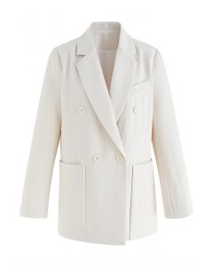 Solid Color Textured Double-Breasted Blazer in Ivory