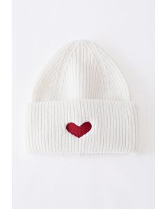 Heart Patch Folded Beanie Hat in White