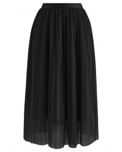 Plisse Double-Layered Mesh Tulle Skirt in Black