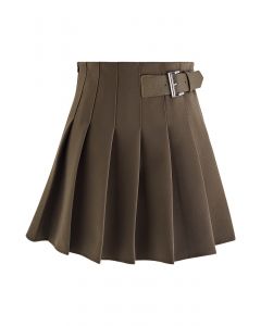 Belted Pleated Flare Mini Skirt in Khaki