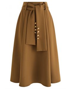 Buttoned Belted Flare Midi Skirt in Tan