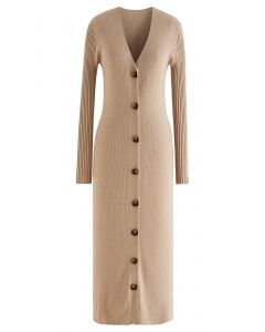 V-Neck Button Down Knit Midi Dress in Light Tan