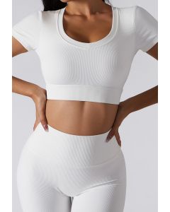 Crew Neck Ribbed Fitted Top in White