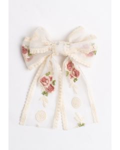 Embroidery Mesh Big Bow Barrette with Tail