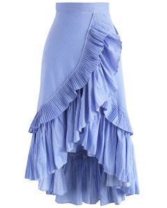 不對稱荷葉邊曡層半身裙-藍條紋