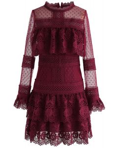 Sweet Destiny Tiered Crochet Mesh Dress in Wine
