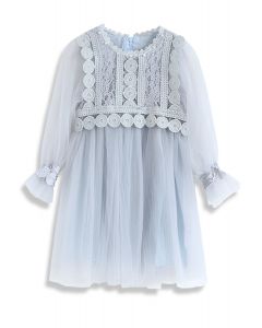 Delicate and Grace Lace Mesh Tulle Dress in Dusty Blue For Kids