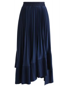 Here with You Asymmetric Pleated Skirt in Navy