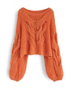 手工編織泡泡袖毛衣--橙色