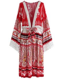 波西米亞鉤花飾邊綁帶和服