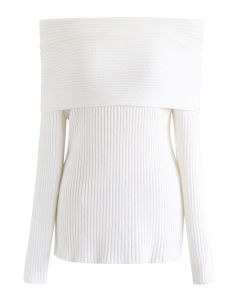 Off-Shoulder Ribbed Knit Sweater in White