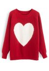 羅紋針織愛心寬鬆型毛衣-紅色