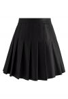 Faux Leather Pleated Flare Mini Skirt in Black