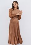 Full Pleated Belted Maxi Dress in Tan