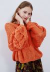 手工編織泡泡袖毛衣--橙色