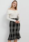 Vintage Plaid Fringed Hemline Knit Skirt in Black