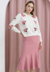 Frilling Hem Knit Midi Skirt in Pink