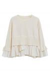 Tie-String Cuffs Spliced Cotton Hem Knit Top in Cream