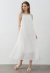 3D Floral Tie-Shoulder Chiffon Pleated Dress in White