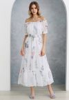 Botanical Printed Off-Shoulder Chiffon Dress