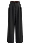 Faux Leather Belt Straight-Leg Pants in Black