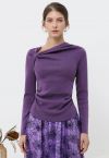 Side Knot Ruched Long-Sleeve Knit Top in Purple