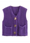 Bold Golden Buttons Patch Pocket Chunky Knit Vest in Purple