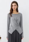 Fascinating Crisscross Buttoned Knit Top in Grey