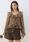 Dancing Ruffle Plisse Buttoned Cropped Top in Tan