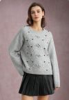 Floral Diamond Pom-Pom Ribbed Knit Sweater in Grey