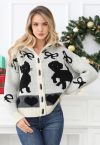 Bubbly Animal Button Down Ribbed Wool Cardigan in Ivory