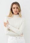 Lace Trim Mock Neck Ribbed Knit Top in White