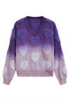 Ombre Fuzzy Heart Fringe Knit Sweater in Purple