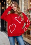 Heart Doodles Crew Neck Knit Sweater in Red