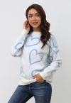 Lovable Heart Crew Neck Knit Sweater in Baby Blue