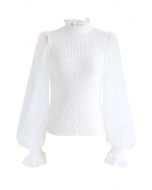 Sheer Bubble Sleeves Ribbed Knit Top in White