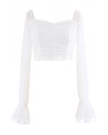 Ruched Dot Mesh Sweetheart Crop Top in White