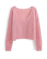 Fluffy Knit Hollow Out Crop Sweater in Pink