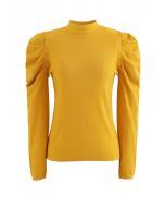 Mock Neck Bubble Sleeves Knit Top in Yellow