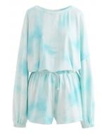 Blue Tie Dye Loose Sweatshirt and Shorts Set