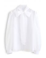 Sheer Bowknot Button Down Shirt in White
