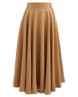 Solid Color Elastic Waist Flare Midi Skirt in Caramel
