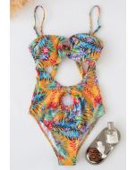 O-Ring Tropical Printed One-Piece Swimsuit in Yellow