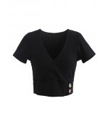 Short-Sleeve Buttoned Cropped Top in Black